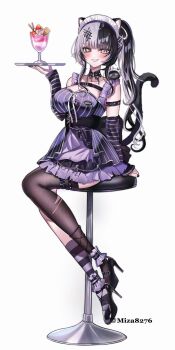 Rule 34 | 1girl, animal ears, arm warmers, asymmetrical legwear, black arm warmers, black hair, black nails, breasts, cat ears, cat tail, chest belt, choker, dress, food, high heels, highres, holding, holding tray, hololive, hololive english, kneehighs, lace, lace choker, large breasts, long hair, looking at viewer, miza8276, multicolored hair, name tag, parfait, shiori novella, side ponytail, single thighhigh, smile, socks, solo, split-color hair, striped arm warmers, striped clothes, striped dress, striped socks, tail, thighhighs, tray, two-tone hair, vertical-striped clothes, vertical-striped dress, virtual youtuber, waitress, white hair, yellow eyes