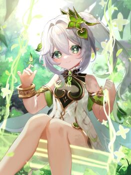 1girl bare_shoulders bracelet commentary_request crystalfly_(genshin_impact) day detached_sleeves dress feet_out_of_frame genshin_impact gold_trim gradient_hair green_eyes green_hair hair_between_eyes hair_ornament hand_up highres jewelry leaf_hair_ornament light_blush long_hair looking_at_viewer multicolored_hair nahida_(genshin_impact) on_swing outdoors pointy_ears sanashiro_mako side_ponytail sitting sleeveless sleeveless_dress smile solo swing symbol-shaped_pupils white_dress white_hair