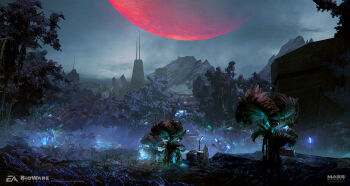 ben_lo blurry building cargo cityscape concept_art dark depth_of_field fog forest generator highres lamppost limited_palette mass_effect_(series) moon mountainous_horizon nature no_humans painterly path perspective red_moon road scenery stairs tree warehouse