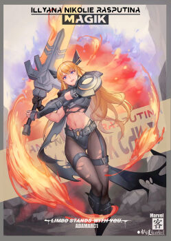 1girl adam_arc1 artist_name blonde_hair blue_eyes chinese_commentary commentary company_name fire grin highres holding holding_sword holding_weapon long_hair magik_(x-men) marvel marvel_rivals navel new_mutants pantyhose smile solo sword torn_clothes torn_pantyhose weapon x-men