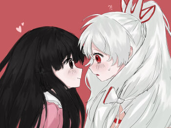 Rule 34 | !?, 2girls, black hair, blush, bow, commentary, eye contact, fujiwara no mokou, hair bow, heart, highres, houraisan kaguya, long hair, looking at another, multiple girls, nagi (dfgd8473), ponytail, profile, red background, red eyes, simple background, smile, straight hair, touhou, upper body, very long hair, white bow, white hair, yuri