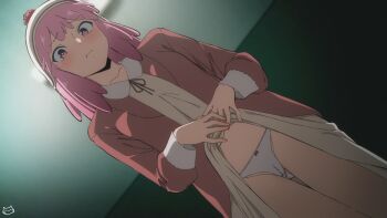 1girl artist_logo beanie blush boku_no_hero_academia bow bow_panties bright_pupils cameltoe clothes_lift collared_dress commentary dress dress_lift dutch_angle earflap_beanie frown furrowed_brow gluteal_fold haneyama_kazuho hat highres keihh lifting_own_clothes logo long_sleeves looking_at_viewer neck_ribbon paid_reward_available panties pink_dress ribbon solo symbol-only_commentary thighs underwear vigilante_-boku_no_hero_academia:_illegals- white_panties white_pupils