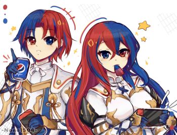 1boy 1girl blue_eyes blue_hair breasts can commentary crossed_bangs drink_can english_commentary female_alear_(fire_emblem) fire_emblem fire_emblem_engage hair_between_eyes holding holding_can male_alear_(fire_emblem) medium_breasts mouth_hold multicolored_hair nintendo nintendo_switch none1504 pepsi soda soda_can split-color_hair