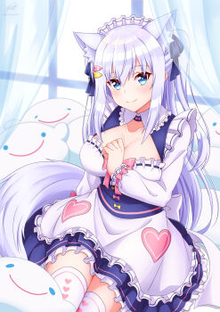 1girl animal_ear_fluff animal_ears apron blue_dress blue_eyes breasts cat_ears character_request cleavage cleavage_cutout closed_mouth clothing_cutout collar collared_dress commentary_request dress frilled_apron frilled_collar frilled_dress frills hair_between_eyes hair_ornament hairclip hand_on_own_chest heart heart_hair_ornament highres indoors ken-ji large_breasts long_hair long_sleeves looking_at_viewer maid_headdress noripro shirayuki_mishiro short_dress sitting smile solo straight_hair thighhighs twintails two-tone_dress virtual_youtuber waist_apron white_apron white_background white_dress white_thighhighs window zettai_ryouiki