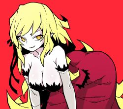 Rule 34 | 1girl, akableak, all fours, bare shoulders, blonde hair, breasts, cleavage, commentary, dress, elbow gloves, flat color, gloves, highres, kiss-shot acerola-orion heart-under-blade, kizumonogatari, large breasts, long hair, looking at viewer, md5 mismatch, monogatari (series), oshino shinobu, pointy ears, red background, red dress, simple background, smile, solo, yellow eyes