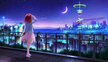 1girl bird blue_jacket city_lights cityscape crescent_moon dolphin_wave from_behind game_cg green_scrunchie hair_intakes hair_ornament hair_scrunchie harbor highres jacket long_skirt medium_hair moon night non-web_source ocean official_art one_side_up ootomo_takuji pink_skirt red_hair sakimiya_iruka scrunchie seagull skirt skyline solo star_(sky) sunlight white_hair
