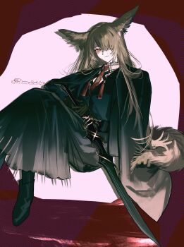 1girl animal_ears ankle_boots arknights black_boots black_coat black_gloves black_pantyhose black_skirt black_vest boots brown_hair brown_tail closed_mouth coat collared_shirt commentary foot_out_of_frame gloves hair_over_one_eye highres holding holding_sword holding_weapon light_smile long_hair looking_at_viewer necktie one-hour_drawing_challenge one_eye_covered orange_necktie pantyhose shirt skirt solo sword tail tassel twitter_username um_ld_irei vest vulpisfoglia_(arknights) weapon white_shirt yellow_eyes