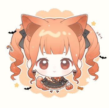1girl :&gt; animal_ear_fluff animal_ears artist_name baonu_de_zhanshen_caibutou bat_(animal) bell bell_earrings black_bow black_bowtie black_dress black_shoes blunt_bangs bow bow_earrings bowtie brown_bow brown_eyes bucket candy chibi chinese_commentary closed_mouth commentary_request dress drill_hair earrings extra_ears eyelashes food footwear_bow fox_ears fox_girl fox_tail frilled_dress frilled_sleeves frills hair_bow halloween halloween_bucket happy highres holding holding_bucket infinity_nikki jack-o&#039;-lantern jewelry light_blush light_particles long_hair long_sleeves looking_at_viewer medium_dress nikki_(series) orange_background orange_bow orange_bowtie orange_hair orange_socks outline polka_dot polka_dot_bow polka_dot_bowtie shoes sidelocks sleeves_past_wrists smile socks solo sparkle standing star_(symbol) straight-on stylist_(nikki) tail tareme twin_drills twintails two-tone_background wavy_hair white_background white_outline