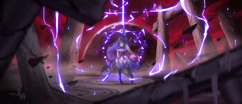 1girl absurdres blunt_bangs blurry blurry_background braid breasts bridal_gauntlets chuansuyushan cleavage closed_mouth commentary_request electricity expressionless eye_symbol full_body genshin_impact glowing glowing_sword glowing_weapon hair_ornament highres holding holding_sword holding_weapon japanese_clothes kimono light_particles long_braid looking_at_viewer moon musou_isshin_(genshin_impact) off_shoulder powering_up purple_eyes purple_hair purple_kimono purple_thighhighs raiden_shogun red_background red_moon red_sash red_sky sash shade single_braid sky solo standing sword thighhighs weapon