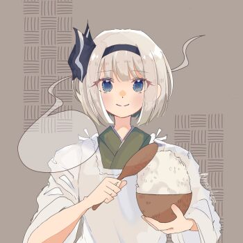 1girl black_hairband blue_eyes bow_hairband bowl commentary food hairband highres hitodama holding holding_bowl konpaku_youmu konpaku_youmu_(ghost) looking_at_viewer m_udonx rice rice_bowl short_hair signature smile solo touhou upper_body white_hair