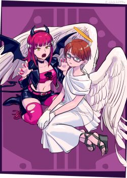 Rule 34 | 2girls, angel and devil, angel wings, aqua eyes, bat wings, belt, black boots, black choker, black jacket, black sandals, black shorts, boots, breasts, brown hair, choker, claw pose, commentary, crop top, cross-laced clothes, cross-laced top, demon horns, demon tail, dress, fake halo, fake horns, fangs, fingernails, glasses, gloves, hairband, halo, hands up, headphones, horn hairband, horns, jacket, katori youko, long fingernails, long hair, long sleeves, looking at viewer, multiple girls, navel, ohhhhhhtsu, open mouth, pink belt, pink nails, pink thighhighs, pink top, purple background, red hair, sandals, short hair, shorts, somei hana, tail, thighhighs, torn clothes, torn thighhighs, twitter username, white dress, white gloves, white wings, wing hug, wings, world trigger, yellow eyes