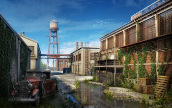 3d building car chain-link_fence commentary commentary_request crate day english_commentary factory fence highres mixed-language_commentary motor_vehicle no_humans original outdoors overgrown owenxc puddle reflection reflective_liquid scenery water water_tower