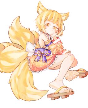 1girl :t animal_ears blonde_hair chaosexceed closed_mouth commentary detached_sleeves english_commentary fox_ears fox_girl fox_tail full_body highres invisible_chair japanese_clothes kitsune looking_at_viewer original sandals short_hair simple_background single_bare_foot single_sandal sitting soles solo tail toes white_background yellow_eyes
