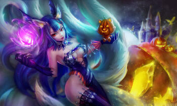 1girl ahri_(league_of_legends) alternate_costume alternate_hair_color animal_ears bare_shoulders black_hair breasts center_opening cleavage cleavage_cutout clothing_cutout cross-laced_clothes cross-laced_cutout facial_mark female_focus fox_ears fox_tail highres large_breasts le_(huanglongen) league_of_legends lips long_hair multiple_tails pumpkin red_eyes slit_pupils solo tail teemo whisker_markings