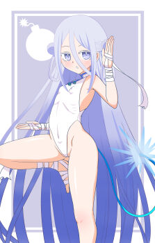 1girl absurdres bandages blue_eyes blue_hair bomber_girl_(1993_manga) feet_out_of_frame gradient_hair highleg highleg_leotard highres jiangshi_costume leotard long_hair looking_at_viewer mandarin_collar multicolored_hair solo standing standing_on_one_leg suisui_(bombergirl) white_leotard yamatotatari