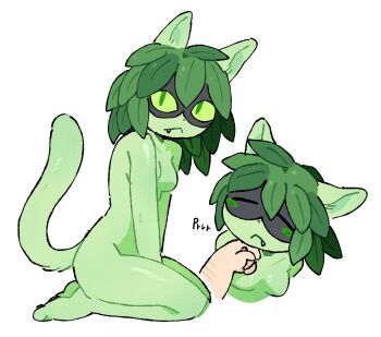 1girl adventure_time animal_ears breasts cat_ears cat_girl cat_tail colored_skin commentary completely_nude fang from_side green_eyes green_skin highres huntress_wizard mask multiple_views nude plant_hair seiza simple_background sitting slit_pupils suwu_uuu symbol-only_commentary tail white_background