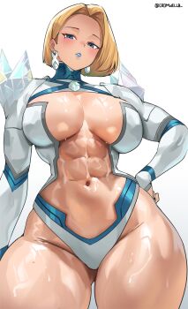 1girl abs absurdres artist_name blonde_hair blue_lips breasts cromwellb earrings emma_frost emma_frost_(marvel_rivals) female_focus from_below groin hand_on_own_hip highres jewelry large_breasts marvel marvel_rivals navel revealing_clothes short_hair solo sweat thick_thighs thighs toned