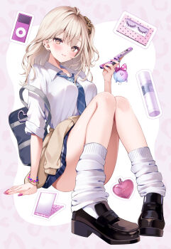 1girl animal_print bag bag_charm blonde_hair blue_necktie blue_skirt blush bottle bracelet breasts brown_cardigan brown_eyes brown_shoes cardigan cardigan_around_waist cellphone cellphone_charm charm_(object) closed_mouth clothes_around_waist collared_shirt commentary_request convenient_leg diagonal-striped_clothes diagonal-striped_necktie flip_phone gyaru hair_ornament hair_scrunchie hand_mirror highres holding holding_phone jewelry knees_up kogal leopard_print loafers long_hair looking_at_viewer loose_socks miniskirt mirror mp3_player necktie original phone print_scrunchie school_bag school_uniform scrunchie shirt shoes shoulder_bag sitting skirt sleeves_rolled_up socks solo striped_clothes wavy_hair white_background white_shirt white_socks wing_collar yugaa