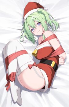 1girl absurdres bdsm bell belt black_belt bondage bound bound_arms bound_legs bound_torso bow bow_legwear breasts closed_mouth commentary_request double-parted_bangs dress fetal_position fur-trimmed_dress fur_trim garter_straps green_hair hair_between_eyes hat highres korean_commentary large_breasts long_bangs looking_at_viewer lying medium_hair microdress no_shoes on_bed on_side purple_eyes raised_inner_eyebrows red_bow red_dress santa_costume santa_hat solo stellive strapless strapless_dress thighhighs twintails virtual_youtuber white_garter_straps white_thighhighs yt9676 yuzuha_riko