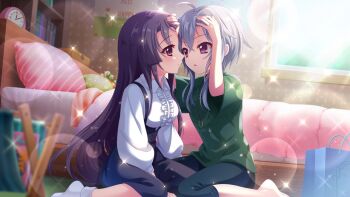 2girls ahoge alarm_clock analog_clock bag barefoot bed bedroom between_legs birthday black_hair blue_bag blue_pants blurry blurry_foreground breasts clock day dot_nose eye_contact film_grain frilled_shirt frills game_cg green_shirt grey_hair hand_between_legs hand_on_another&#039;s_forehead hand_on_own_forehead ichijou_ruka ichikishima_mizuha indoors izumi_tsubasu jewelry lens_flare long_hair looking_at_another medium_breasts multiple_girls necklace no_shoes non-web_source official_art pants parted_lips purple_eyes re:stage! shirt shopping_bag short_hair_with_long_locks sitting socks sparkle striped_pillow sunlight t-shirt underbust very_long_hair wariza white_shirt white_socks window
