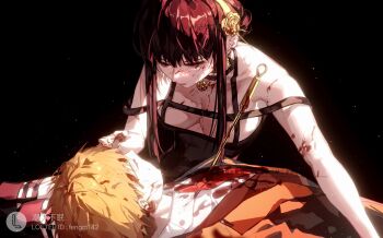 1boy 1girl absurdres bare_shoulders black_background black_dress black_hair bleeding blonde_hair blood blood_on_clothes blood_on_face blood_on_hands blood_splatter breasts chaoxibumian cleavage closed_eyes collared_shirt dress earrings flower formal_clothes gold_hairband hair_bun hair_ornament hairband highres jewelry large_breasts leggings long_hair necklace necktie needle pointy_earrings red_eyes shirt short_hair sidelocks solo spy_x_family suit twilight_(spy_x_family) weapon yor_briar