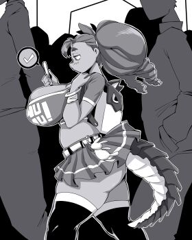 1girl 6+boys 6+others absurdres ass breasts cleavage curvy dark-skinned_female dark_skin dragon_tail dragoontequila greyscale highres holding holding_phone huge_ass huge_breasts long_hair miniskirt monochrome monster_girl multiple_boys multiple_others original phone shiny_skin simple_background size_difference skindentation skirt squatting tail tequila_(dragoontequila) thick_thighs thighs twintails walking wide_hips