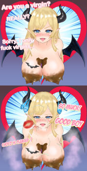 1girl 2koma absurdres after_fellatio after_paizuri aftersex age_difference asymmetrical_hair bat_tattoo between_breasts black_horns black_wings blonde_hair blue_eyes blush bodypaint breast_tattoo breasts breasts_out candy chest_tattoo chocolate chocolate_drip chocolate_heart chocolate_on_body chocolate_on_breasts cleavage collarbone comic company_logo condom condom_between_breasts condom_on_head condom_on_object condom_wrapper cum cum_in_mouth cum_on_body cum_on_breasts cum_on_hair cum_on_nose cum_on_upper_body cumdrip curled_horns defeat demon_girl demon_horns demon_wings eddarxart english_text eyebrows eyes_visible_through_hair female_focus female_pervert food food_on_body furrowed_brow good_end gradient_background hair_between_eyes hair_ornament half-closed_eyes hanging_breasts heart heart_background heart_tattoo heavy_breathing highres hololive horn_ornament horn_ring horns imminent_fellatio imminent_paizuri instant_loss large_breasts lipstick_mark lipstick_smear long_ears long_hair looking_at_viewer mature_female motherly nipples_covered nude object_between_breasts onee-shota open_mouth parted_bangs parted_lips pervert perverted pointy_ears pov presenting pubic_hair_on_face sagging_breasts seductive_smile sexually_suggestive shota sidelocks smile solo solo_focus speech_bubble steam steaming_body stray_pubic_hair streamer streamers sweat swept_bangs talking tattoo text_focus tongue translated upper_body used_condom veins veiny_breasts virtual_youtuber winged_heart wings x_hair_ornament yuzuki_choco