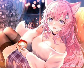1girl animal_ear_fluff animal_ears antenna_hair black_thighhighs blurry blush bokeh braid braided_bun christmas_tree commentary_request crown_braid cup depth_of_field double_bun drinking_glass hair_bun hair_ornament hakui_koyori heart holding holding_cup hololive latte_art long_hair official_art pink_hair plaid_clothes plaid_skirt purple_eyes purple_skirt shirt skirt solo tail thighhighs tongue very_long_hair virtual_youtuber white_shirt wolf_ears wolf_girl wolf_tail yukimaru_nun