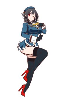 1girl ascot beret black_gloves black_hair black_thighhighs blue_hat blush breasts commentary full_body garter_straps gloves hand_on_own_chest hat kantai_collection large_breasts looking_at_viewer military military_uniform one_eye_closed red_eyes short_hair skirt smile solo standing standing_on_one_leg takao_(kancolle) thighhighs udukikosuke