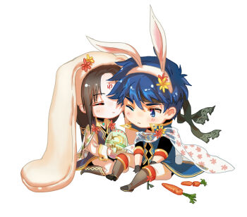 2boys alternate_costume animal_ears blue_eyes blue_hair carrot chibi chibi_only commentary facial_mark fake_animal_ears fake_tail fire_emblem fire_emblem:_path_of_radiance fire_emblem_heroes forehead_mark headband ike_(fire_emblem) long_hair lop_rabbit_ears male_focus multiple_boys nintendo novice_(o_novice) one_eye_closed rabbit_ears rabbit_tail short_hair simple_background soren_(fire_emblem) tail white_background yaoi