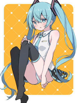 1girl akayama_yukihe aqua_eyes aqua_hair aqua_nails aqua_necktie bare_shoulders blush cameltoe commentary_request hatsune_miku highres long_hair looking_at_viewer necktie open_mouth panties shirt sleeveless sleeveless_shirt solo striped_clothes striped_panties thighhighs twintails underwear very_long_hair vocaloid