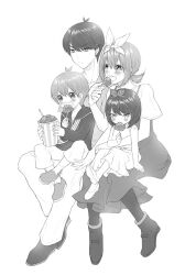 Rule 34 | 2boys, 2girls, blush, bow, bucket, bucket of chicken, chicken (food), closed mouth, dress, eating, food, fried chicken, full body, go-toubun no hanayome, greyscale, hair bow, highres, holding, holding baby, holding bucket, holding food, looking at another, monochrome, multiple boys, multiple girls, nakano yotsuba, open mouth, parent and child, short hair, sitting, sitting on lap, sitting on person, uesugi fuutarou, yu (flowerbird3830)