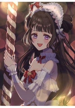 1girl blunt_bangs bonnet bow bowtie breasts brooch brown_hair cleavage collar commentary_request detached_collar detached_sleeves dot_nose double_bun dreamy_sweetness_(shining_nikki) dress eyelashes fingernails frilled_collar frilled_headwear frilled_sleeves frilled_wrist_cuffs frills hair_bow hair_bun hair_through_headwear happy hat hat_bow heart heart-shaped_bonnet heart_brooch highres jewelry kohanai_setsuna light_blush light_particles lips lolita_fashion long_hair nikki_(series) open_mouth outdoors purple_eyes red_bow red_bowtie riding shining_nikki short_sleeves sidelocks smile solo strapless strapless_dress teeth twilight upper_body upper_teeth_only very_long_hair wavy_hair white_bonnet white_bow white_collar white_dress white_sleeves white_wrist_cuffs wrist_cuffs