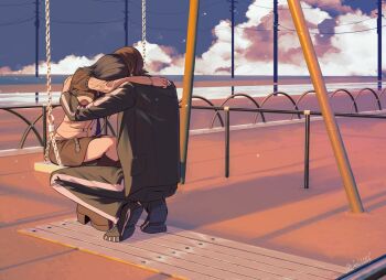 1boy 1girl amano_maya black_hair black_jacket black_pants brown_hair challlllk cloud cloudy_sky hetero highres hug jacket on_swing pants persona persona_2 sitting skirt sky squatting suou_tatsuya swing