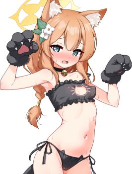 1girl animal_ear_fluff animal_ears armpits bell black_collar black_panties blue_archive blue_eyes blush braid breasts cameltoe cat_cutout cat_ear_panties cat_ears cat_lingerie cleavage_cutout clothing_cutout collar flower halo highres jingle_bell long_hair looking_at_viewer mamiyahara_hitoshige mari_(blue_archive) navel neck_bell open_mouth orange_hair panties paw_pose side-tie_panties small_breasts solo standing tail underwear white_flower yellow_halo