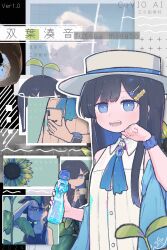 Rule 34 | 1girl, alternate hairstyle, baseball cap, black hair, black shirt, blue eyes, blue hair, blue ribbon, blue shawl, boater hat, bottle, brooch, cellphone, cevio, character name, collage background, collared dress, colored inner hair, controller, dress, flower, futaba minato, game controller, glass bottle, glasses, hair ornament, hair over one eye, hair over shoulder, hairclip, hand up, hat, highres, holding, holding bottle, holding controller, holding game controller, holding phone, jewelry, long hair, looking at viewer, low twintails, multicolored hair, multiple views, neck ribbon, one eye covered, open mouth, outline, phone, plant on head, ramune, ribbon, shawl, shirt, sleeveless, sleeveless dress, sleeveless shirt, smartphone, smartwatch, smile, sprout, standing, sun hat, sunflower, tachi-e, tasese, translation request, twintails, watch, white outline, wiping sweat, wristwatch