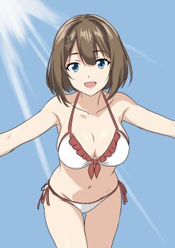 1girl absurdres bikini blue_eyes blue_sky bone_namu_(namu49850) breasts brown_hair cleavage commentary_request frilled_bikini frills front-tie_bikini_top front-tie_top hair_ornament highres kantai_collection leaning_forward maya_(kancolle) medium_breasts outstretched_arms short_hair side-tie_bikini_bottom sky smile solo swimsuit white_bikini x_hair_ornament