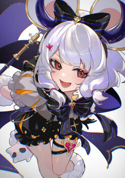 1girl animal_ears black_gloves black_shorts commentary_request fake_animal_ears fake_horns foot_out_of_frame gloves granblue_fantasy grey_background hair_ornament horns kogome_(azalea4) looking_at_viewer mouse_ears open_mouth puffy_short_sleeves puffy_sleeves red_eyes scepter short_sleeves shorts simple_background solo vikala_(granblue_fantasy) vikala_(halloween)_(granblue_fantasy) white_hair