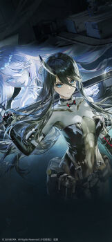 Rule 34 | 1girl, artist request, black hair, blue eyes, bodysuit, girls' frontline, girls' frontline 2: exilium, highres, holding, holding sword, holding weapon, horns, long hair, official art, official wallpaper, over shoulder, phaetusa (girls' frontline 2), sangvis ferri, second-party source, server, server room, single horn, solo, sword, weapon, weapon over shoulder