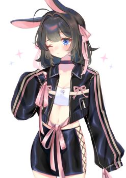 1girl ahoge animal_ears black_choker black_jacket black_skirt blue_eyes blush breasts center-flap_bangs choker cleavage closed_mouth commentary cowboy_shot cropped_shirt double-parted_bangs fishnets hair_intakes hair_ribbon heart heart_in_eye highres jacket loltinami long_sleeves medium_hair miniskirt navel one_eye_closed open_clothes open_jacket pink_ribbon rabbit_ears rabbit_girl ribbon self-portrait shirt simple_background skirt sleeves_past_fingers sleeves_past_wrists solo standing stomach symbol-only_commentary symbol_in_eye tinami_(vtuber) vdonburi virtual_youtuber watermark white_background white_shirt