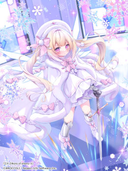Rule 34 | 1girl, blonde hair, blunt bangs, blush, boots, bow, choker, coat, coat bow, commentary request, copyright notice, frilled choker, frills, full body, fur-trimmed coat, fur trim, gauntlets, hair bow, hair ornament, hat, highres, holding, holding sword, holding weapon, knee guards, long hair, long sleeves, looking at viewer, louis creme, momochi chia, official art, pink bow, pom pom (clothes), purple eyes, skirt, snowflakes, solo, sparkle, standing, sword, twintails, weapon, white boots, white hat, white skirt, wide sleeves, wing hair ornament, z/x