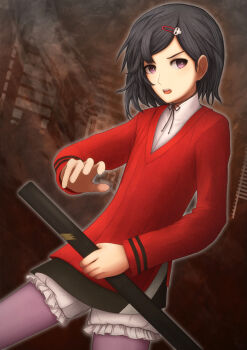 1boy absurdres black_hair black_ribbon bright_pupils brown_background building commentary_request drawing_sword frilled_shorts frills hair_behind_ear hair_ornament hairclip hand_up highres holding holding_sheath holding_sword holding_weapon long_sleeves looking_at_viewer male_focus neck_ribbon open_mouth outdoors outer_glow pantyhose purple_eyes purple_pantyhose red_shirt ribbon science_adventure serious sheath sheathed shirt short_shorts shorts skull_hair_ornament solo standing steins;gate sword taba_neruko teeth trap undershirt upper_teeth_only urushibara_luka v-neck v-shaped_eyebrows weapon white_pupils white_shorts