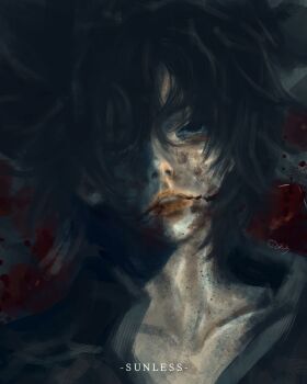 1boy artskiddy69 bags_under_eyes black_eyes black_hair blank_stare blood blood_on_face blood_splatter head_tilt highres male_focus on_ground parted_lips portrait shadow_slave short_hair solo sunny_(shadow_slave)