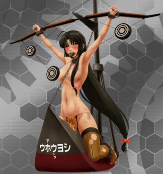 1girl ahoge ankle_cuffs armpits arms_up bdsm black_hair blush bondage bound bow breasts brown_eyes bruise chain collar commentary_request convenient_censoring cuffs female_focus full_body gag gagged gears hair_bow hair_censor honeycomb_(pattern) honeycomb_background injury kantai_collection linea_alba loincloth long_hair looking_at_viewer low-tied_long_hair mast medium_breasts metal_collar momo_chan no_panties no_shoes red_bow restrained shouhou_(kancolle) side-tie_bottom side-tie_loincloth slave solo stationary_restraints straddling target thighhighs topless_female torn_clothes torn_thighhighs translated very_long_hair wooden_horse