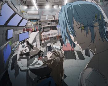 1boy 1girl adjusting_eyewear air_conditioner android ashtray black_skirt black_socks blue_hair brown_hair chair cigarette coat commentary computer crt desk english_commentary eyewear_on_head feet_on_table fisheye fluorescent_lamp folding_chair glasses glowing glowing_eyes grin highres indoors kneehighs lab_coat laboratory long_sleeves looking_at_viewer looking_back microsoft_paint_(medium) monitor mouth_hold office_chair open_mouth original red_eyes server shelf short_hair skirt slippers smile socks swivel_chair tile_floor tiles tkwkai white_coat wire_spool yellow_eyes