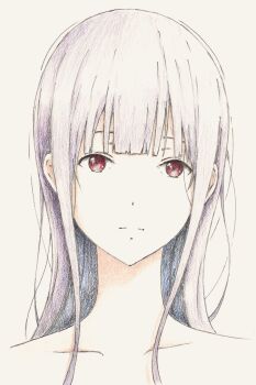 1girl absurdres bare_shoulders bbmasa blunt_bangs closed_mouth collarbone colored_pencil_(medium) commentary_request gradient_background grey_background hibike!_euphonium highres liz_to_aoi_tori long_hair looking_at_viewer portrait purple_hair red_eyes solo straight-on traditional_media yoroizuka_mizore