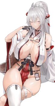 Rule 34 | 1girl, absurdres, adapted costume, alternate costume, areola slip, bare shoulders, black choker, black gloves, breast curtains, breasts, chest harness, choker, closed mouth, colored eyelashes, commentary, curvy, detached sleeves, flat color, gloves, groin, hair ribbon, hand up, harness, highres, hiyuki (wuthering waves), huge breasts, jewelry, long hair, looking at viewer, mole, mole on shoulder, mole under eye, necklace, nontraditional miko, pelvic curtain, ponytail, red eyes, red ribbon, revealing clothes, ribbon, shirt, simple background, sitting, solo, striped clothes, tacet mark (wuthering waves), thick thighs, thighs, variant set, vertical-striped clothes, white background, white hair, white shirt, wuthering waves, yusha m