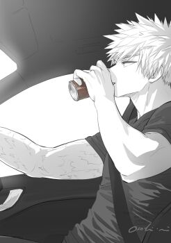 1boy absurdres bakugou_katsuki boku_no_hero_academia can car_interior car_seat commentary drinking driving from_side highres holding holding_can male_focus multiple_scars oroshi_mi right-hand_drive scar scar_on_arm seatbelt short_hair simple_background sitting solo spiked_hair symbol-only_commentary upper_body vehicle_interior white_background