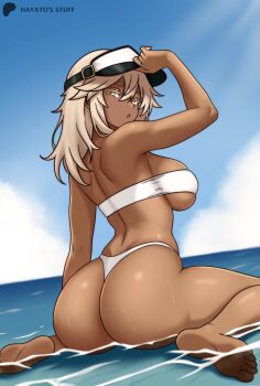 Rule 34 | 1girl, arm up, artist name, ass, back, bikini, blonde hair, blue sky, breasts, closed mouth, cloud, cloudy sky, colored eyelashes, dark-skinned female, dark skin, guilty gear, hat, hayato stuff, highleg, highleg bikini, highres, holding, holding unworn clothes, holding unworn hat, in water, large breasts, medium hair, ocean, patreon logo, patreon username, ramlethal valentine, shallow water, sitting, sky, solo, strapless, strapless bikini, swimsuit, unworn hat, unworn headwear, wariza, water, white bikini, yellow eyes