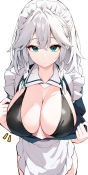 1girl absurdres alternate_breast_size_(larger) apron bikini bikini_under_clothes black_bikini braid breasts cleavage commentary_request green_eyes grey_hair hair_between_eyes highres hira-san huge_breasts izayoi_sakuya long_hair looking_at_viewer maid maid_headdress open_clothes paid_reward_available simple_background solo swimsuit touhou twin_braids waist_apron white_apron white_background